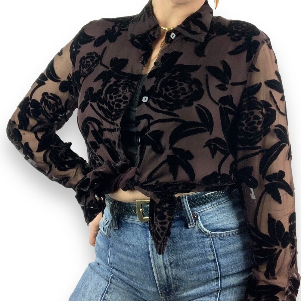 90's brown silk button down blouse with black velvet roses and sheer sleeves - Picture 15 of 16